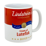 The 11oz ceramic Lindstrom's Condensed Extra Chunky Cream of Lutefisk Soup mug by Swedish Gift Store features a playful soup can label design—ideal as a quirky Scandinavian heritage gift for Lindström’s lutefisk fans.