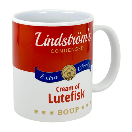 The 11oz ceramic Lindstrom's Condensed Extra Chunky Cream of Lutefisk Soup mug by Swedish Gift Store features a playful soup can label design—ideal as a quirky Scandinavian heritage gift for Lindström’s lutefisk fans.