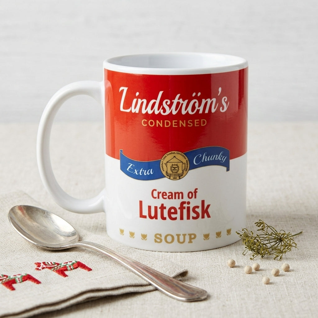 A mug designed like a soup can labeled Lindströms Cream of Lutefisk Soup on a cloth with a spoon, fresh dill, and an embroidered napkin.