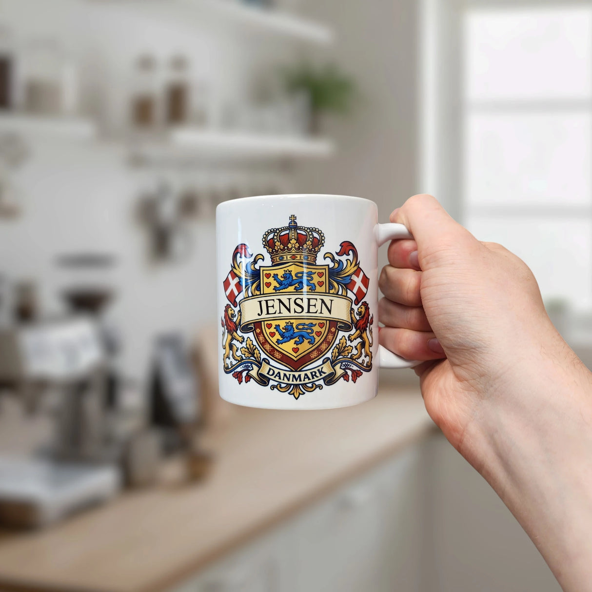 A hand holds the Nordic Wholesale Mug: Denmark Coat of Arms Custom Name Ceramic Mug (11 oz capacity), featuring a colorful crest with the name Jensen, Danish flags, and the word "Danmark," set against a blurred kitchen background.