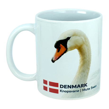 Introducing the Mug: Denmark National Animal Mute Swan Ceramic Mug (11 oz) by Nordic Wholesale—a white ceramic kitchen mug beautifully featuring the elegant mute swan, the Danish flag, and "DENMARK Knopsvane | Mute Swan" text on a crisp white background. This Scandinavian-inspired design celebrates both Denmark’s national animal and its rich heritage. Perfect as a unique addition to your mug collection—whether you love mute swans or Danish symbols!.