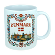 Celebrate Danish heritage with the Nordic Wholesale Mug: Denmark Nyhavn Ceramic Mug (11 oz Capacity), featuring vibrant floral patterns, “DENMARK” in bold red lettering, the Danish flag, a detailed illustration of the Little Mermaid statue, and a charming cityscape inspired by Nyhavn harbor—an ideal addition to your collection.