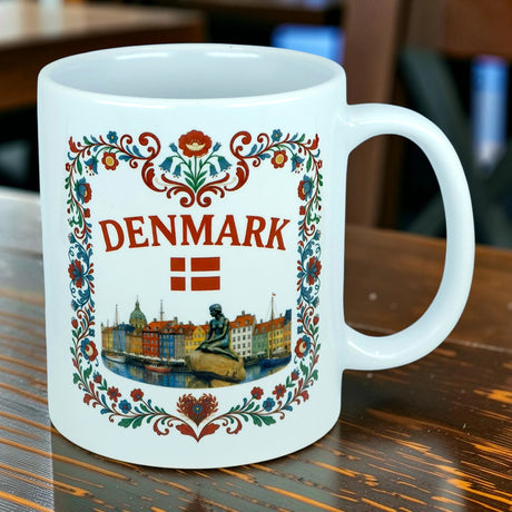 The Nordic Wholesale Mug: Denmark Nyhavn Ceramic Mug (11 oz Capacity), showcasing DENMARK, the Danish flag, lively floral designs, and charming illustrations of Copenhagen—including the iconic Little Mermaid statue and a picturesque Nyhavn harbor—rests on a wooden table.