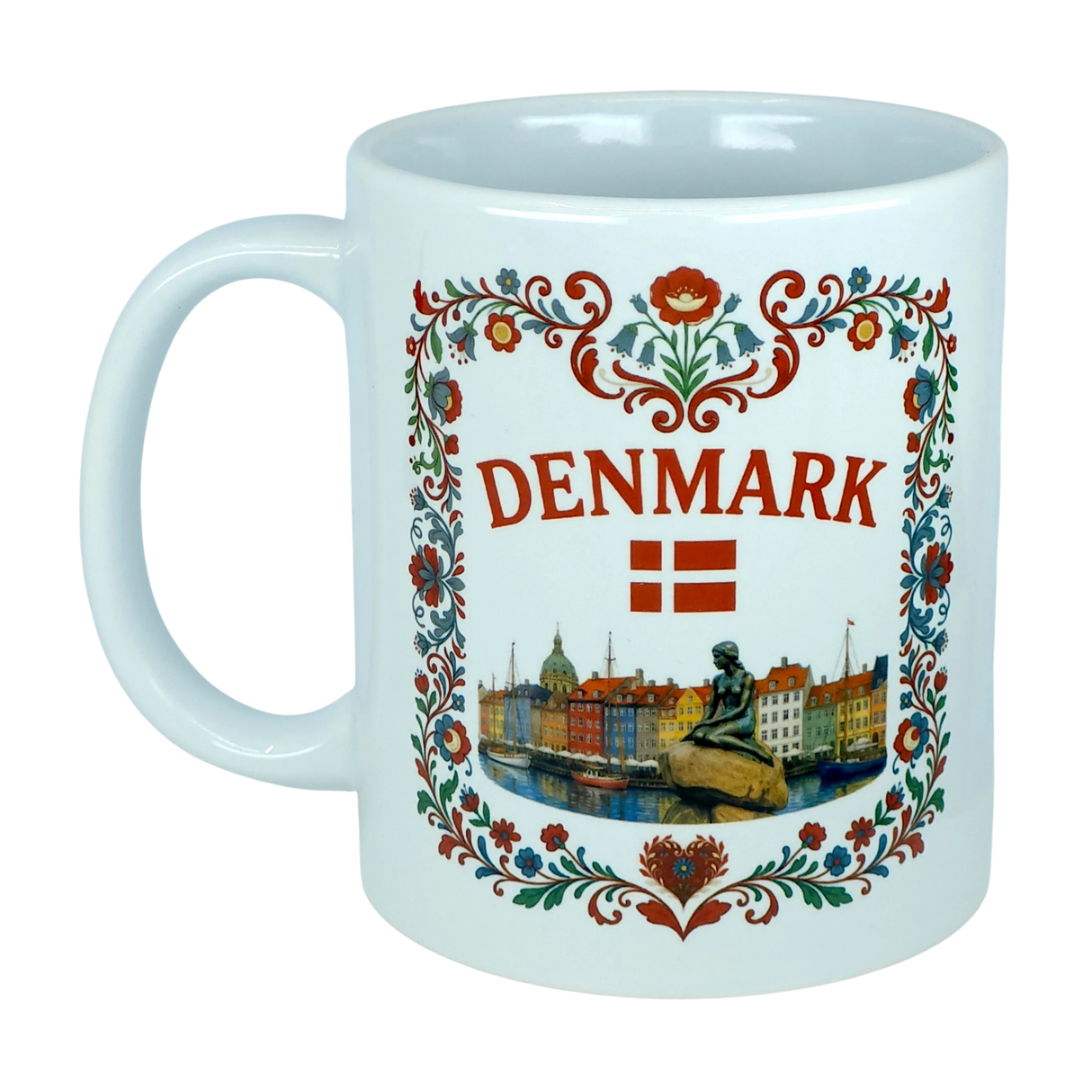 The Nordic Wholesale Mug: Denmark Nyhavn Ceramic Mug (11 oz Capacity) is a white Danish heritage mug showcasing DENMARK, a red Danish flag, floral accents, and detailed illustrations of Copenhagen’s vibrant Nyhavn harbor along with the iconic Little Mermaid statue.