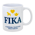 Introducing the Mug: Fika — A Swedish Tradition Since Forever Ceramic Mug (11 oz) by Nordic Wholesale. This white mug features "FIKA" in blue lettering, highlighted with a yellow heart, horse, and teapot above it. Beneath, it reads “A Swedish Tradition Since Forever.” Celebrate the warmth and timeless joy of Scandinavian coffee culture with this charming Fika mug—the perfect tribute to an enduring Swedish tradition.