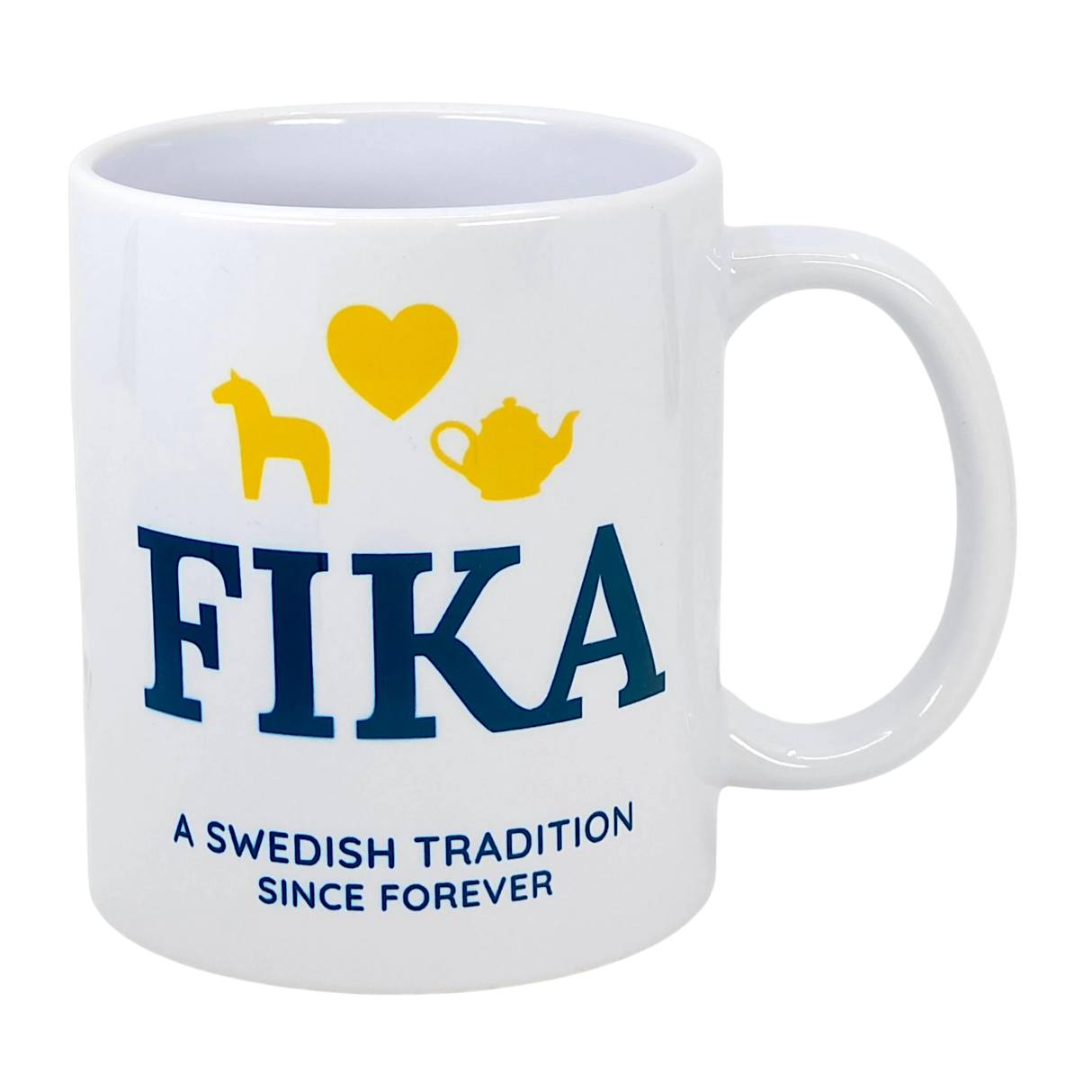 Introducing the Mug: Fika — A Swedish Tradition Since Forever Ceramic Mug (11 oz) by Nordic Wholesale. This white mug features "FIKA" in blue lettering, highlighted with a yellow heart, horse, and teapot above it. Beneath, it reads “A Swedish Tradition Since Forever.” Celebrate the warmth and timeless joy of Scandinavian coffee culture with this charming Fika mug—the perfect tribute to an enduring Swedish tradition.
