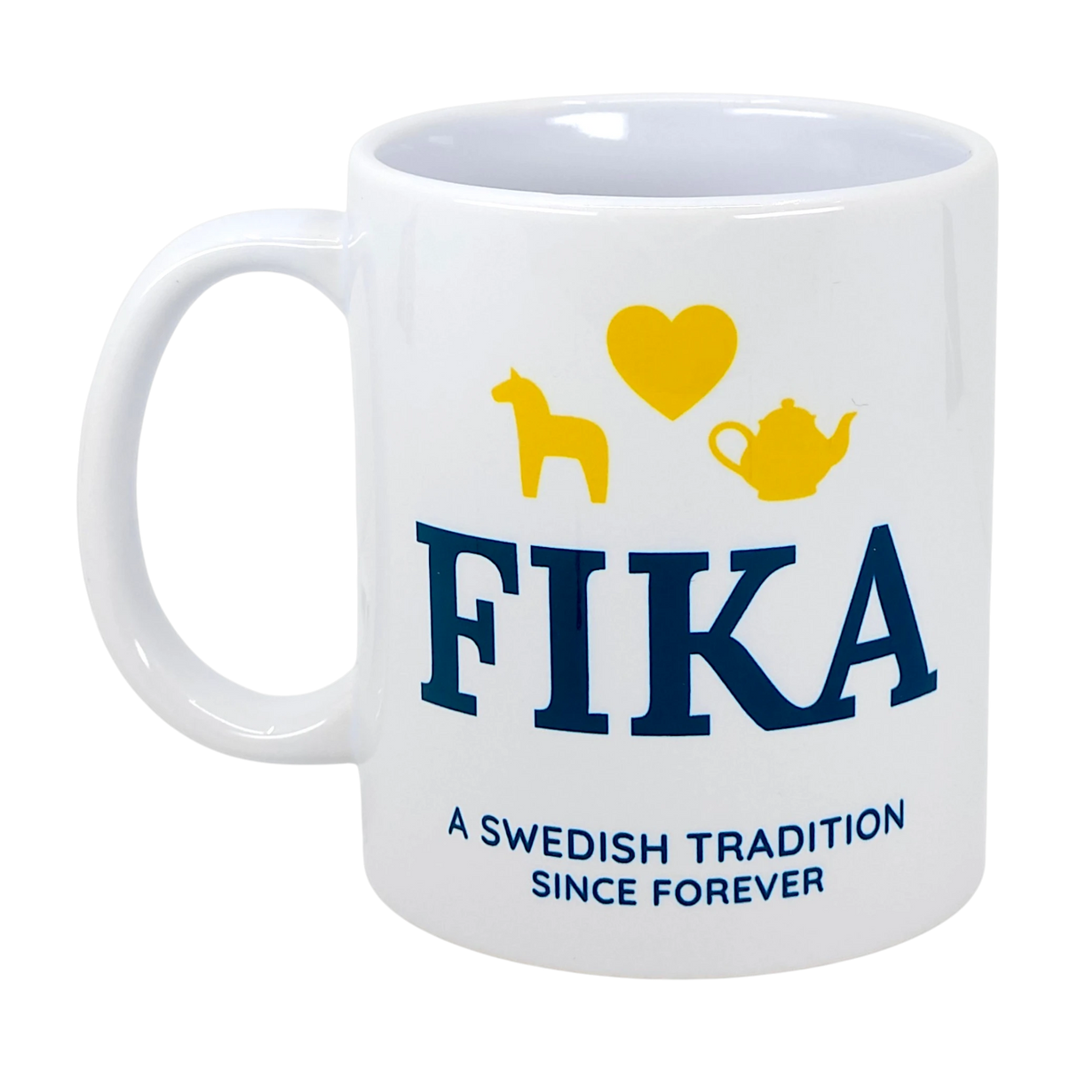 The Nordic Wholesale Mug: Fika — A Swedish Tradition Since Forever Ceramic Mug (11 oz) features blue "FIKA" text and the phrase "A Swedish tradition since forever." Above, cheerful yellow icons—a horse, a heart, and a teapot—capture the spirit of Scandinavian coffee culture. This charming mug is perfect for celebrating the beloved ritual of fika.