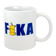 Enjoy your daily fika with the Swedish Gift Store's 11 oz ceramic FIKA mug, featuring bold blue letters and a stack of yellow coffee cups as the "I." Celebrate Swedish coffee tradition in style!.