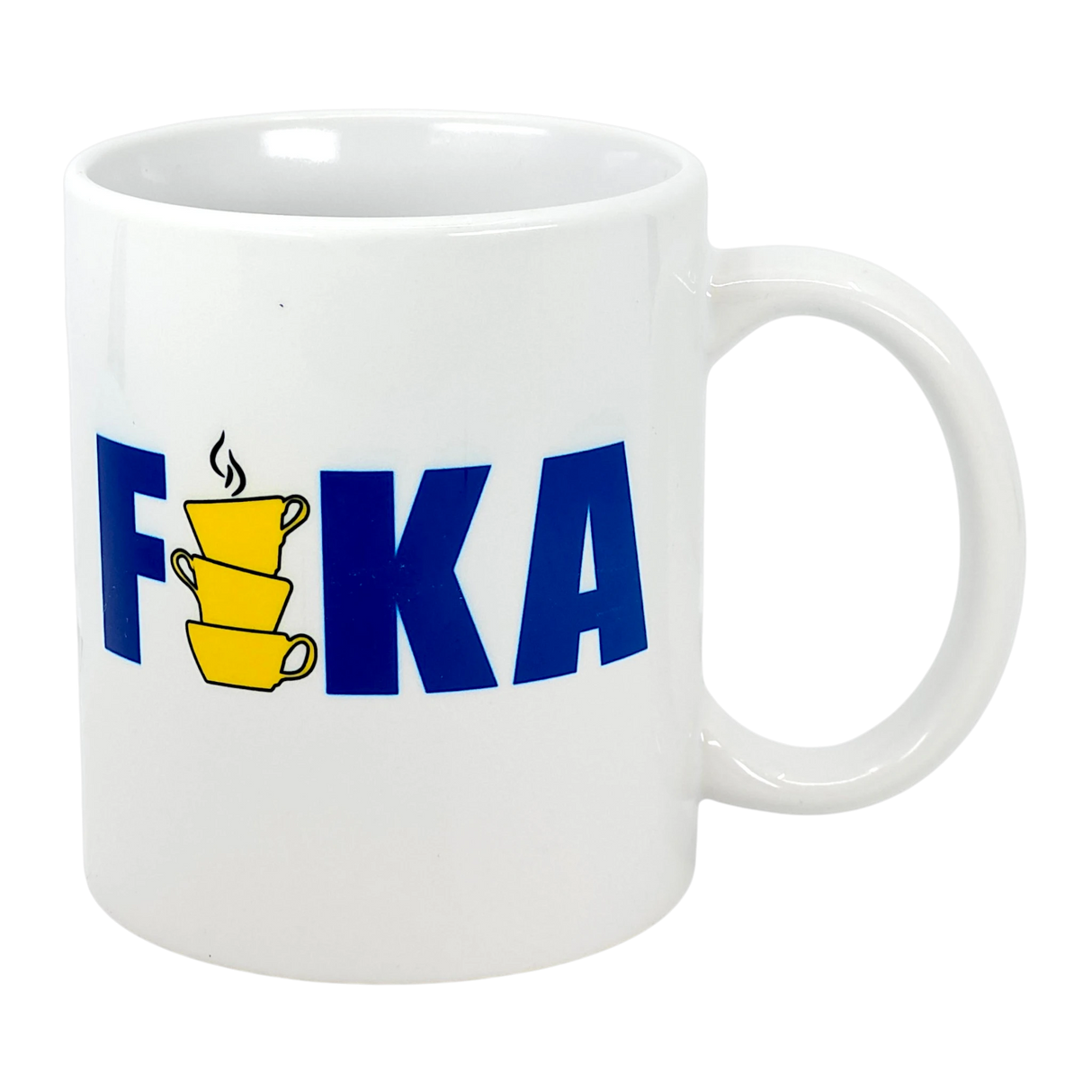Enjoy your daily fika with the Swedish Gift Store's 11 oz ceramic FIKA mug, featuring bold blue letters and a stack of yellow coffee cups as the "I." Celebrate Swedish coffee tradition in style!.