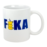 Enjoy your daily fika with the Swedish Gift Store's 11 oz ceramic FIKA mug, featuring bold blue letters and a stack of yellow coffee cups as the "I." Celebrate Swedish coffee tradition in style!.