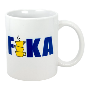 Enjoy your daily fika with the Swedish Gift Store's 11 oz ceramic FIKA mug, featuring bold blue letters and a stack of yellow coffee cups as the "I." Celebrate Swedish coffee tradition in style!.