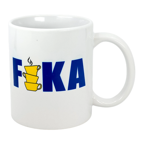 Enjoy your daily break with the Nordic Wholesale 11 oz ceramic mug, featuring "FIKA" in bold blue—with an “I” shaped by stacked yellow cups topped with steam—a playful Swedish tradition in flag colors.