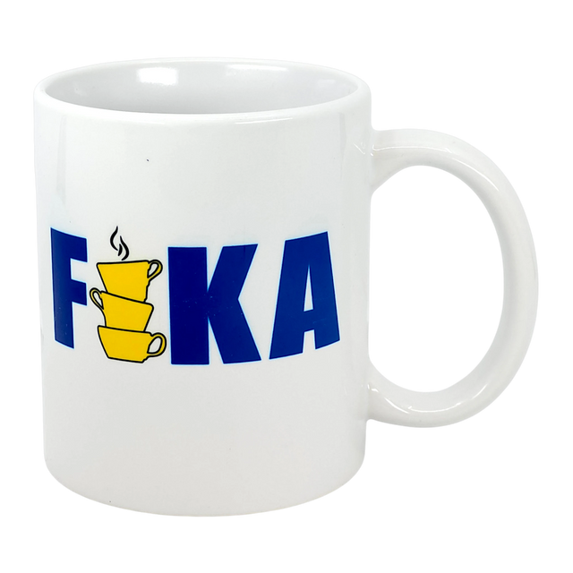 Enjoy your daily fika with the Swedish Gift Store's 11 oz ceramic FIKA mug, featuring bold blue letters and a stack of yellow coffee cups as the "I." Celebrate Swedish coffee tradition in style!.