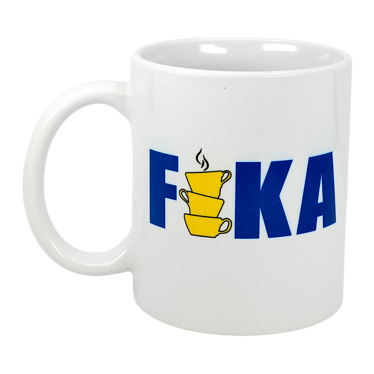 The Mug: FIKA Stacked Cups Swedish Flag Colors Ceramic Mug (11 oz) by Swedish Gift Store features "FIKA" in blue, with the "I" as two stacked yellow cups with steam—a perfect mug for your daily Swedish fika ritual.