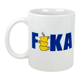 The Mug: FIKA Stacked Cups Swedish Flag Colors Ceramic Mug (11 oz) by Swedish Gift Store features "FIKA" in blue, with the "I" as two stacked yellow cups with steam—a perfect mug for your daily Swedish fika ritual.