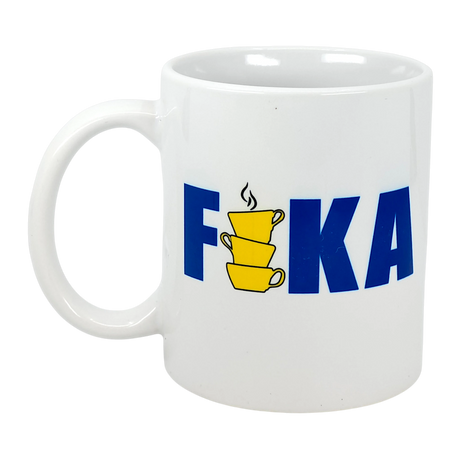 Nordic Wholesale's 11 oz ceramic Mug: FIKA Stacked Cups features the word FIKA in Swedish flag colors, with the "I" formed by three yellow cups and steam—celebrating Swedish coffee tradition in a unique, vibrant design.