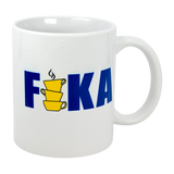 The Swedish Gift Store's 11 oz ceramic mug features "FIKA" in blue, with the "I" replaced by two stacked yellow cups with steam—design inspired by the Swedish flag.