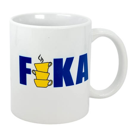 Nordic Wholesale’s 11 oz ceramic mug features “FIKA” in Swedish flag colors; the “I” is made of two stacked yellow steaming cups—a fun nod to Sweden’s coffee break tradition. Enjoy your cozy Fika moments with this unique mug.