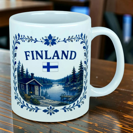 Introducing the Mug: Finland Lakeside Cabin Ceramic Mug (11 oz Capacity) by Nordic Wholesale—a white Finnish ceramic mug featuring intricate blue floral designs, the word "Finland," a Finnish flag, and a picturesque illustration of a Nordic lakeside cabin nestled among trees. Resting on a wooden surface, this mug makes for a perfect Finnish heritage gift.