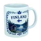 Introducing the Mug: Finland Lakeside Cabin Ceramic Mug (11 oz Capacity) by Nordic Wholesale—a white Finnish ceramic mug adorned with a scenic illustration of a Nordic lakeside cabin surrounded by trees, featuring a Finnish flag and decorative blue floral patterns. This mug makes an ideal gift for celebrating Finnish heritage.