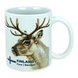 Discover the Nordic Wholesale Mug: Finland National Animal Reindeer Ceramic Mug (11 oz Capacity)—a white ceramic mug adorned with a delightful reindeer and antlers illustration. The text "FINLAND Poro | Reindeer" is displayed beside a blue cross, reminiscent of the Finnish flag. This charming mug is perfect for savoring your favorite drinks and adds a cozy touch of Lapland to any coffee break, making it an essential piece for fans of Scandinavian design and lovers of Finnish culture.