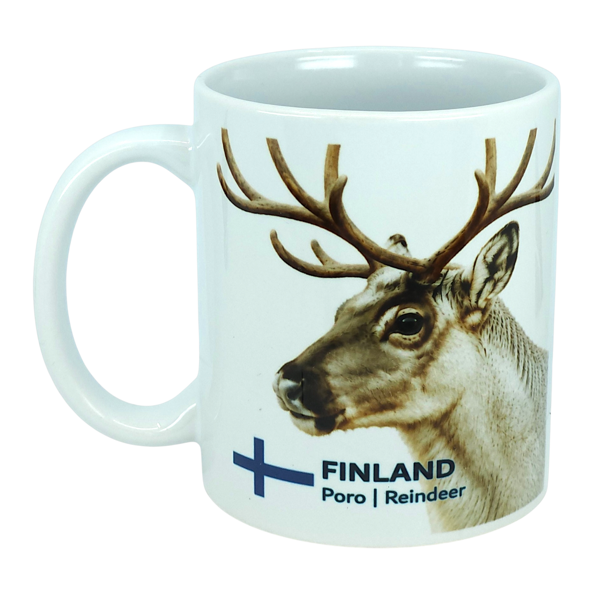 The Mug: Finland National Animal Reindeer Ceramic Mug (11 oz Capacity) by Nordic Wholesale is a white ceramic mug showcasing a reindeer head illustration alongside the text "FINLAND Poro | Reindeer" and a blue Finnish flag cross. This stylish mug is ideal for savoring your favorite hot beverages and adds a touch of Lapland charm to any coffee break.