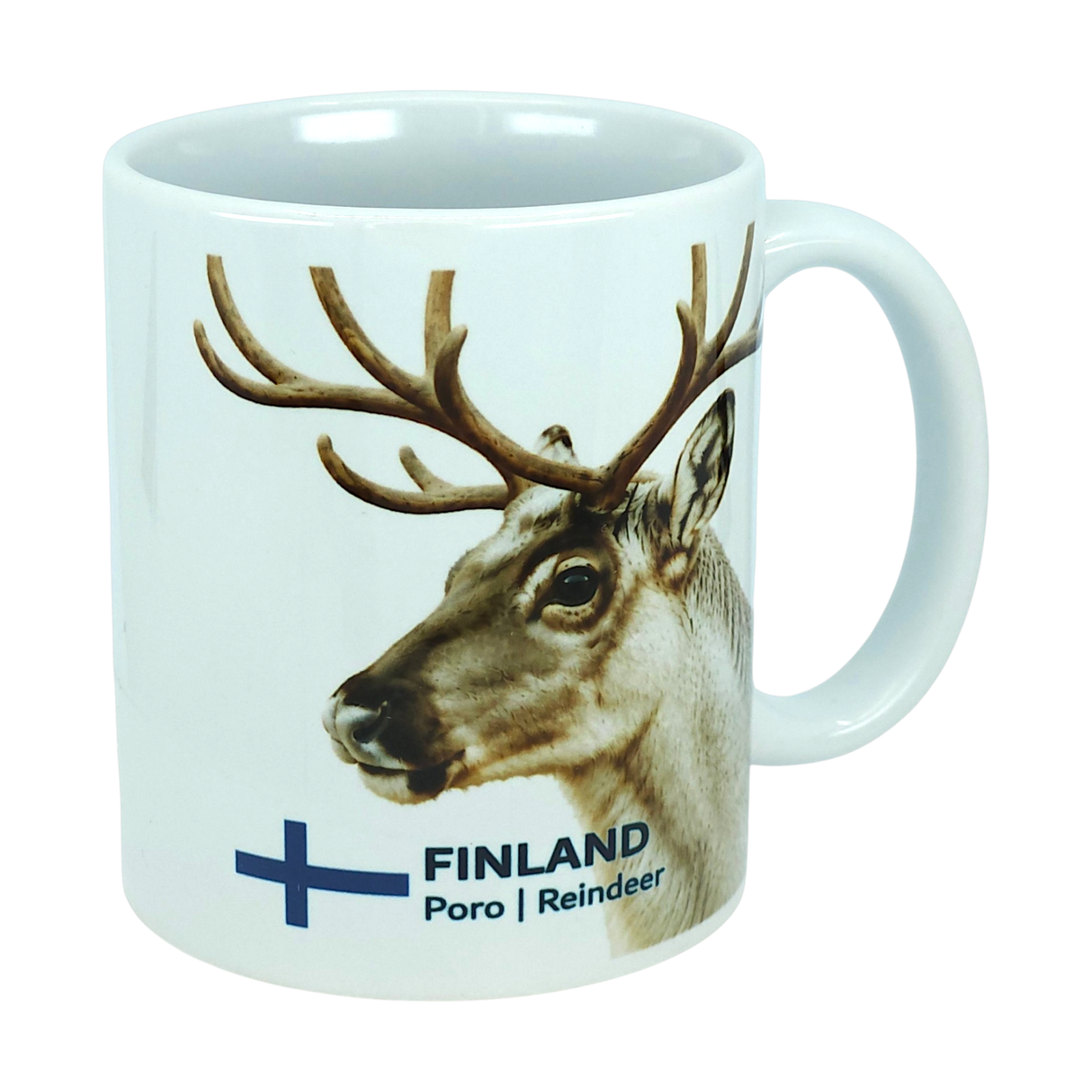 A white ceramic mug by Nordic Wholesale featuring Finland’s national animal, the reindeer, along with the word “Finland,” the Finnish flag, and “Poro | Reindeer” printed on the side—this 11 oz Nordic mug is perfect for anyone seeking an authentic Finnish reindeer souvenir.