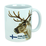 A white ceramic mug by Nordic Wholesale featuring Finland’s national animal, the reindeer, along with the word “Finland,” the Finnish flag, and “Poro | Reindeer” printed on the side—this 11 oz Nordic mug is perfect for anyone seeking an authentic Finnish reindeer souvenir.