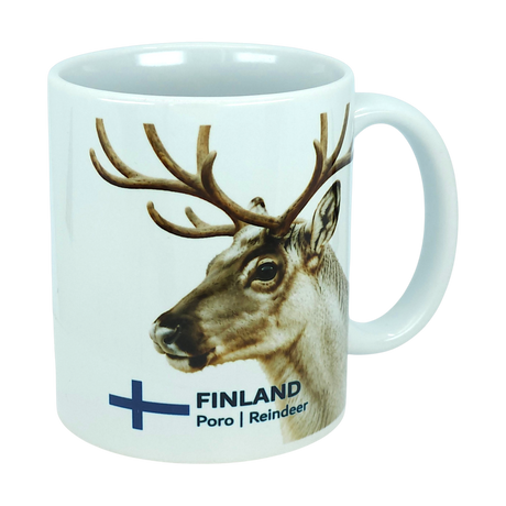A white ceramic mug by Nordic Wholesale featuring Finland’s national animal, the reindeer, along with the word “Finland,” the Finnish flag, and “Poro | Reindeer” printed on the side—this 11 oz Nordic mug is perfect for anyone seeking an authentic Finnish reindeer souvenir.