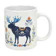The Nordic Wholesale Mug: Folk Art Moose Ceramic Mug (11 oz) features a white ceramic design with a blue moose, colorful floral patterns, decorative flowers, leaves, and a red heart inspired by Scandinavian folk art.