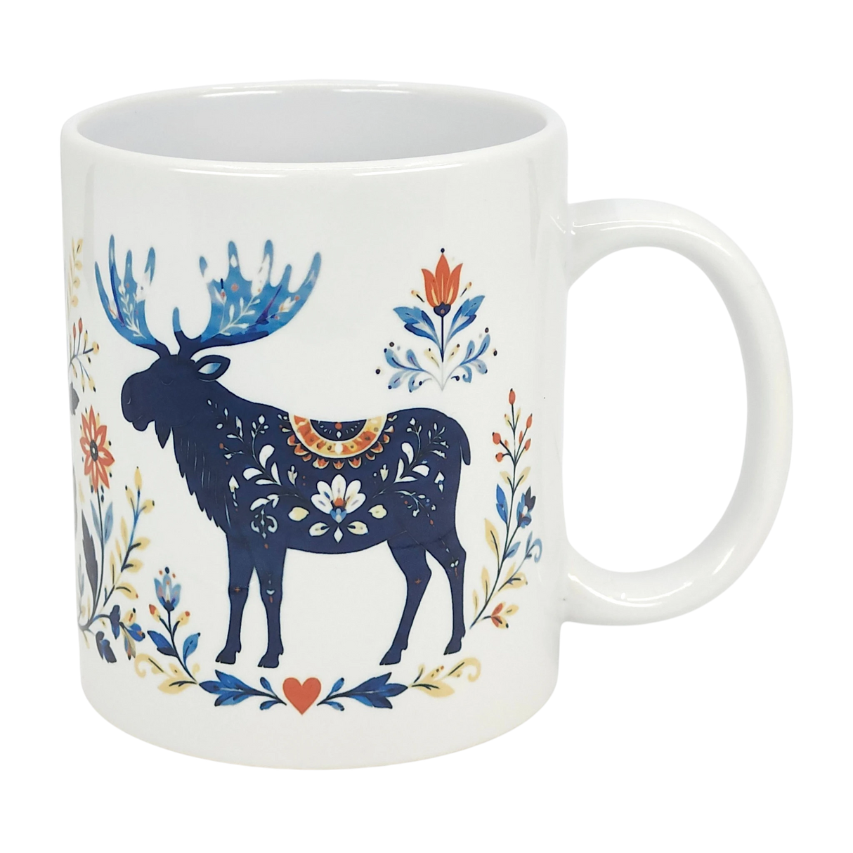 The Nordic Wholesale Mug: Folk Art Moose Ceramic Mug (11 oz) features a white ceramic design with a blue moose, colorful floral patterns, decorative flowers, leaves, and a red heart inspired by Scandinavian folk art.