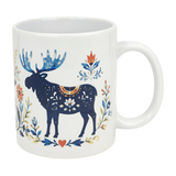 The Nordic Wholesale Mug: Folk Art Moose Ceramic Mug (11 oz) features a white ceramic design with a blue moose, colorful floral patterns, decorative flowers, leaves, and a red heart inspired by Scandinavian folk art.