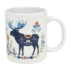 The Nordic Wholesale Mug: Folk Art Moose Ceramic Mug (11 oz) features a white ceramic design with a blue moose, colorful floral patterns, decorative flowers, leaves, and a red heart inspired by Scandinavian folk art.
