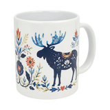 The Nordic Wholesale Mug: Folk Art Moose Ceramic Mug (11 oz) features a folk-style moose illustration surrounded by decorative blue, red, and yellow Scandinavian-inspired floral patterns on white ceramic.