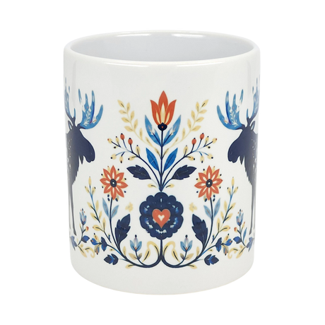 The Nordic Wholesale Folk Art Moose Ceramic Mug (11 oz) features a white base with Scandinavian folk art, two blue moose, red and blue flowers, leafy branches, and a charming heart motif.