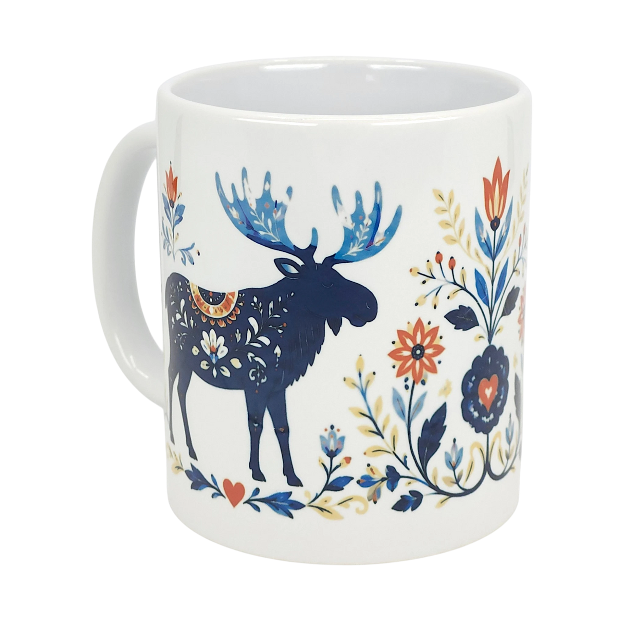 The Nordic Wholesale Mug: Folk Art Moose Ceramic Mug (11 oz) features a dark blue moose with floral accents, surrounded by vibrant Scandinavian folk art flowers and leaves in blue, red, and yellow.