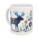 The Nordic Wholesale Mug: Folk Art Moose Ceramic Mug (11 oz) features a dark blue moose with floral accents, surrounded by vibrant Scandinavian folk art flowers and leaves in blue, red, and yellow.