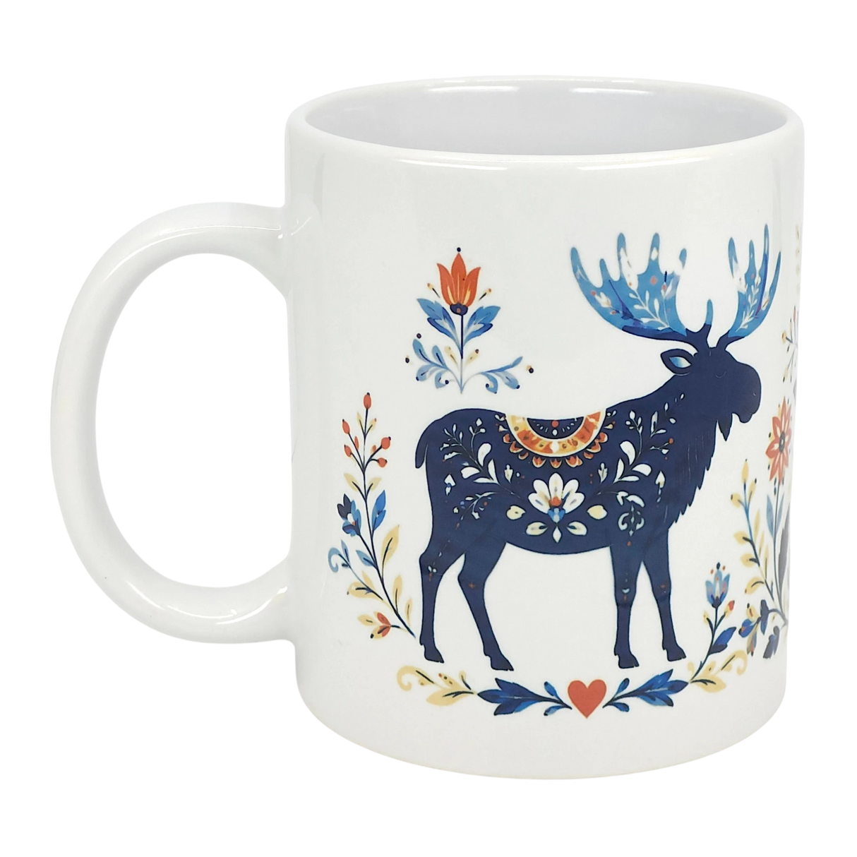 The Nordic Wholesale Mug: Folk Art Moose Ceramic Mug (11 oz) features a blue and orange moose in Scandinavian folk art style with floral patterns, blue leaves, and red flowers on white ceramic.