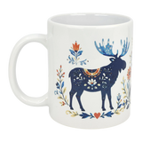The Nordic Wholesale Mug: Folk Art Moose Ceramic Mug (11 oz) features a blue and orange moose in Scandinavian folk art style with floral patterns, blue leaves, and red flowers on white ceramic.