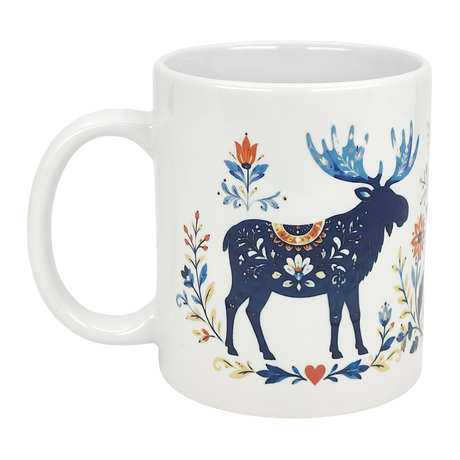 The Nordic Wholesale Mug: Folk Art Moose Ceramic Mug (11 oz) features a blue and orange moose in Scandinavian folk art style with floral patterns, blue leaves, and red flowers on white ceramic.