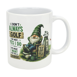 The Nordic Wholesale Mug: Funny Tomte Gnome Golf Ceramic Mug (11 oz) features a cheerful gnome in a green hat with clubs and a PAR-TEE sign, plus the text: I don’t always golf. Oh wait... yes I do. A fun gift for golf lovers!.
