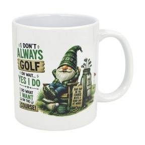 The Nordic Wholesale Mug: Funny Tomte Gnome Golf Ceramic Mug (11 oz) features a cheerful gnome in a green hat with clubs and a PAR-TEE sign, plus the text: I don’t always golf. Oh wait... yes I do. A fun gift for golf lovers!.