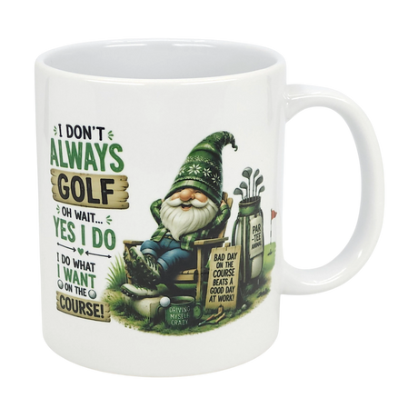 The Nordic Wholesale Mug: Funny Tomte Gnome Golf Ceramic Mug (11 oz) features a cheerful gnome in a green hat with clubs and a PAR-TEE sign, plus the text: I don’t always golf. Oh wait... yes I do. A fun gift for golf lovers!.