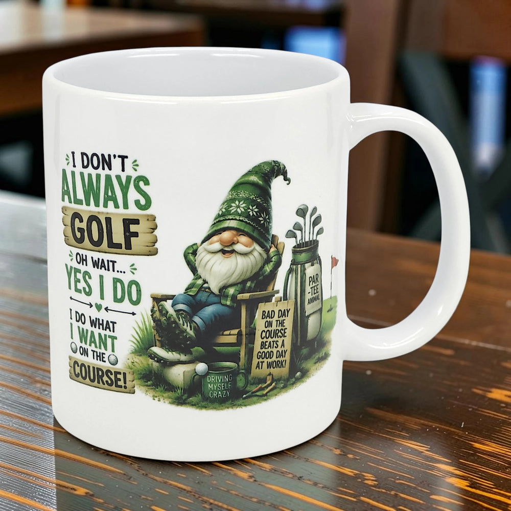 Ceramic coffee cup with a green Tomte gnome holding golf gear and visible humorous text, Scandinavian style.
