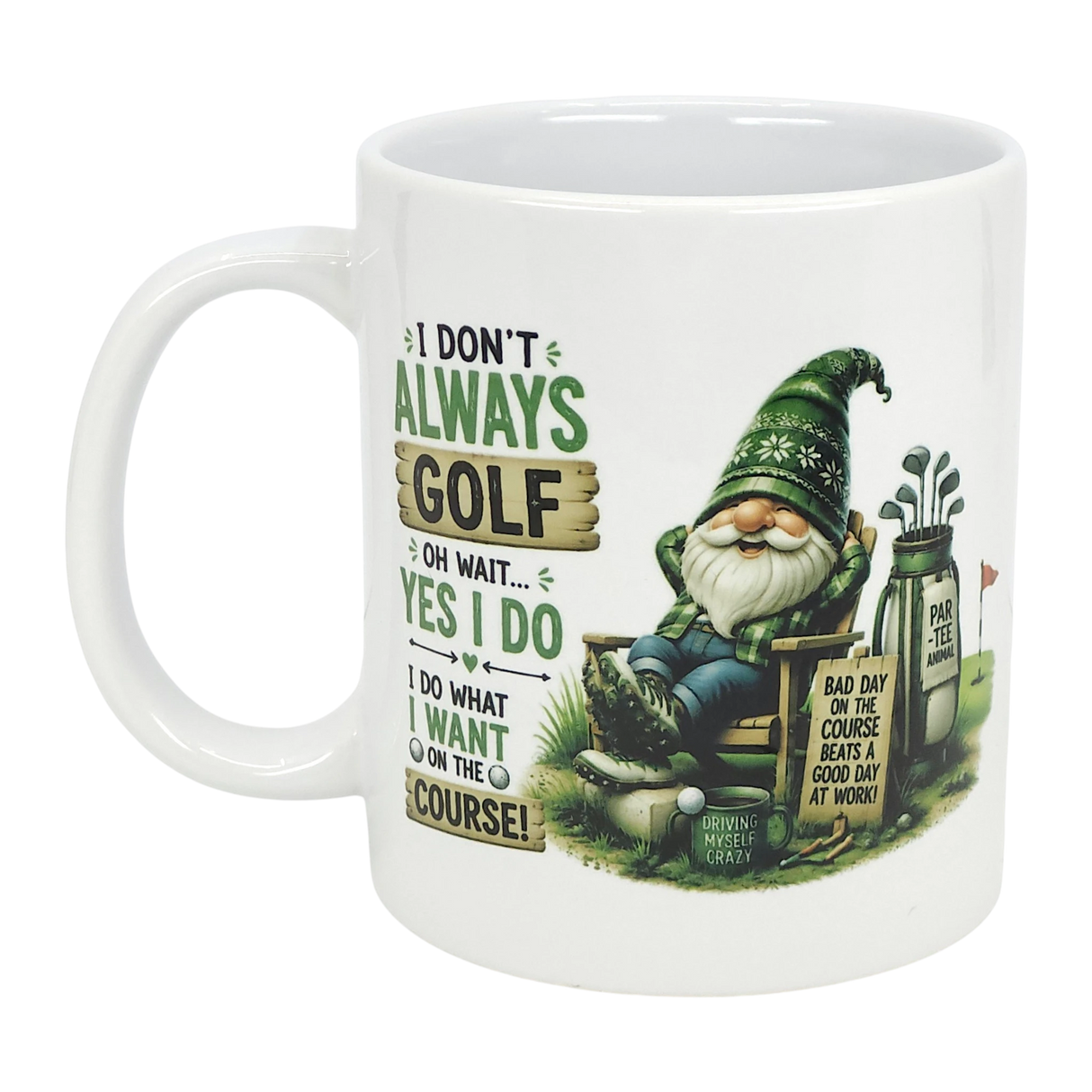 The Mug: Funny Tomte Gnome Golf Ceramic Mug (11 oz) from Nordic Wholesale features a golf gnome in a green hat and says: “I do what I want on the course! A bad day golfing beats a good day at work!” Perfect Scandinavian folklore gift.