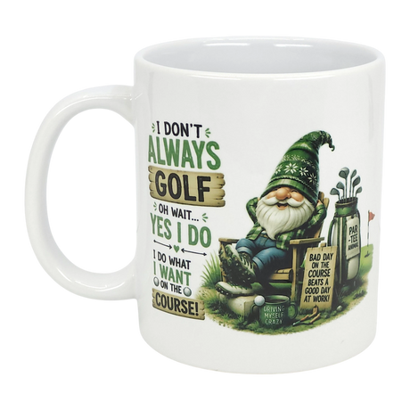 The Mug: Funny Tomte Gnome Golf Ceramic Mug (11 oz) from Nordic Wholesale features a golf gnome in a green hat and says: “I do what I want on the course! A bad day golfing beats a good day at work!” Perfect Scandinavian folklore gift.