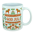 The Nordic Wholesale Mug: God Jul Dala Horse Christmas Ceramic Mug (11 oz Capacity) features Scandinavian folk art designs with red horses, hearts, and flowers. This charming mug displays the words "GOD JUL" in bold red letters at the center, surrounded by festive Nordic patterns.