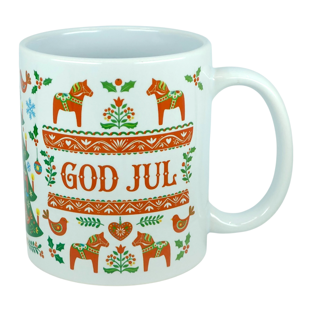 The Nordic Wholesale Mug: God Jul Dala Horse Christmas Ceramic Mug (11 oz Capacity) features Scandinavian folk art designs with red horses, hearts, and flowers. This charming mug displays the words "GOD JUL" in bold red letters at the center, surrounded by festive Nordic patterns.