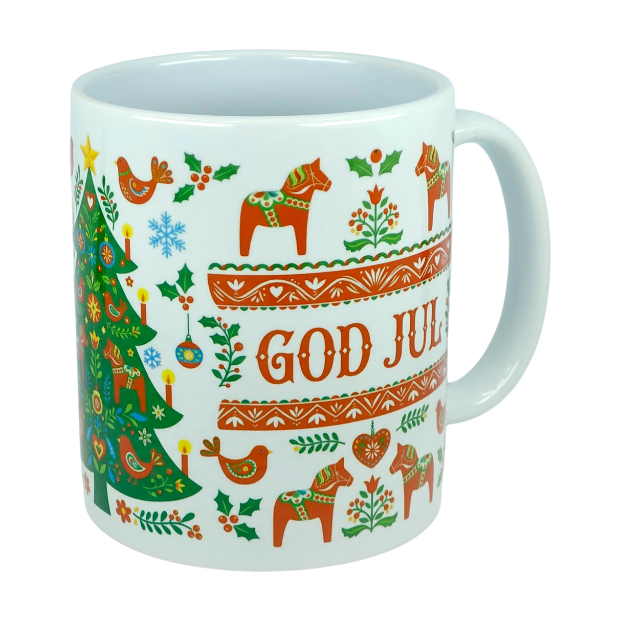 The Mug: God Jul Dala Horse Christmas Ceramic Mug (11 oz Capacity) by Nordic Wholesale features classic Nordic folk art motifs including a festive Christmas tree, red Dala horses, birds, hearts, and flowers. Decorated with the words "GOD JUL" in bright red and surrounded by holiday patterns, this charming Scandinavian coffee cup is perfect for celebrating the season.