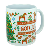 The Mug: God Jul Dala Horse Christmas Ceramic Mug (11 oz Capacity) by Nordic Wholesale features classic Nordic folk art motifs including a festive Christmas tree, red Dala horses, birds, hearts, and flowers. Decorated with the words "GOD JUL" in bright red and surrounded by holiday patterns, this charming Scandinavian coffee cup is perfect for celebrating the season.